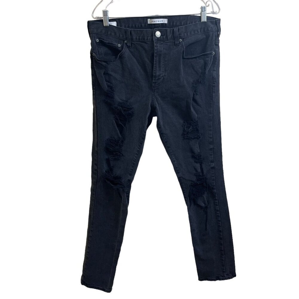 PacSun Distressed Jeans Mens Size 34 Black Cotton Skinny Leg Belt Loop Pocket